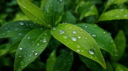 A detailed close-up of vibrant green leaves covered in glistening water droplets after a refreshing rain shower.