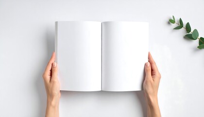 Hands holding an open blank book with eucalyptus with top view, and white background.