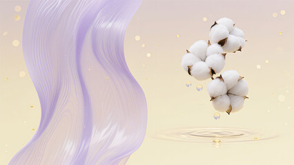 The combination of purple fluid and cotton with water ripples represents the gentle nourishment and natural purity concept of beauty care, and is used in natural beauty care product promotion scenes.
