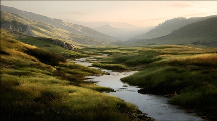 A tranquil valley scene showcases a gentle stream winding through lush, grassy hillsides under a soft morning light.