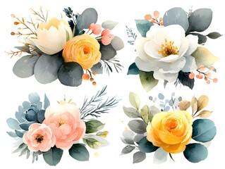 Fototapeta premium Watercolor floral arrangement featu roses, peony, eucalyptus, and berries for decorative illustration.