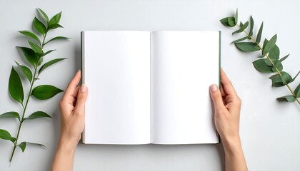 Hands holding open blank book with eucalyptus leaves on white background.