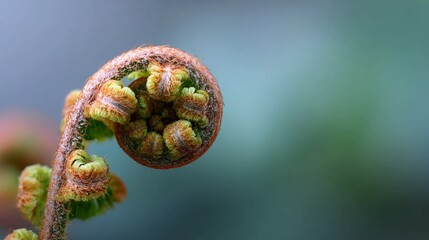 Close-up of a curled fern frond, showcasing its intricate spiral pattern and textured surface against a blurred green background.