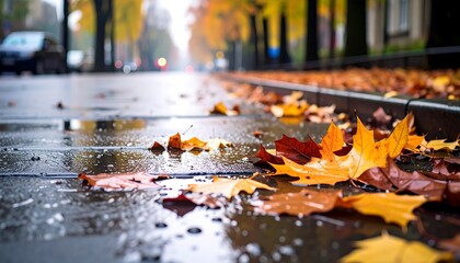 Autumnal street scene on a rainy day