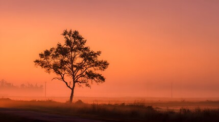 Fototapeta premium A solitary tree stands silhouetted against a sunrise-tinged, misty landscape, bathed in warm, orange hues.