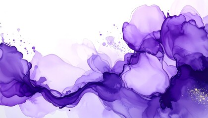 Delicate watercolor abstract purple floral with gold accents on white canvas