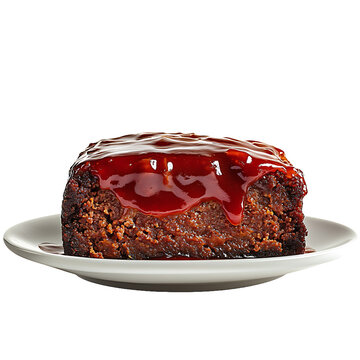 A slice of meatloaf topped with a glossy red sauce, served on a white plate.