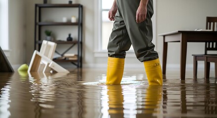 Person in Yellow Boots Standing in Flooded House Interior, Natural Disaster Damage, Flood Insurance, and Emergency Preparedness Concept