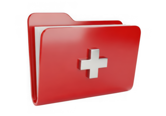 Red medical folder with a silver cross symbol, isolated on transparent background