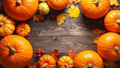 Autumn pumpkins and leaves on wooden planks