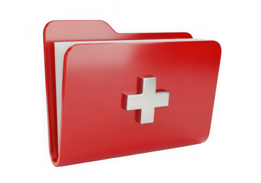 Red medical folder with a silver cross symbol, isolated on transparent background - Powered by Adobe