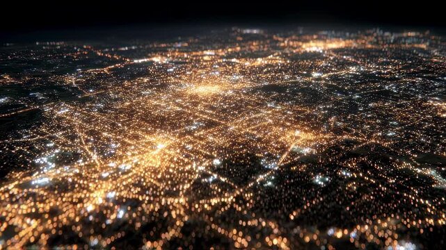 Clear medium shot of concentrated bright lights in a citys central business area with peripheral areas out of focus illustrating regional economic trends from satellite nighttime