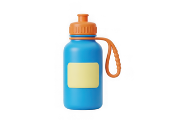 A blue water bottle with an orange cap and loop, isolated on transparent background