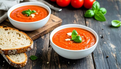 Delicious and creamy tomato soup with fresh basil served on rustic wood table
