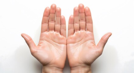 Two open human hands facing upward on white background, symbolizing help, support, care, protection, giving, spirituality, and human connection