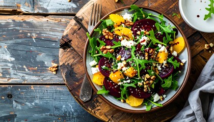 Delicious and colorful beet salad with arugula, oranges, walnuts and feta cheese