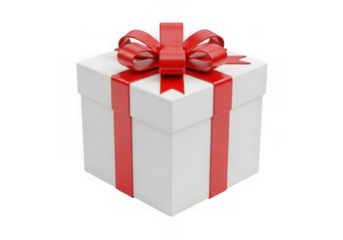 A white gift box with a red ribbon and bow isolated on transparent background
