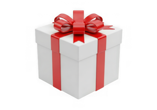 A white gift box with a red ribbon and bow isolated on transparent background