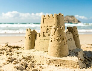 Sandy beach castle, sunny day