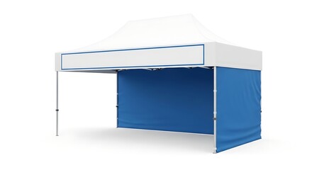 Sleek Blue and White Pop-Up Canopy Tent with Blank Valance for Branding Mockup, Isolated on a Clean White Background.