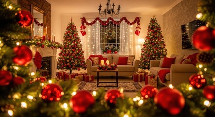 A cozy Christmas living room, filled with decorated Christmas trees, presents, and warm lighting