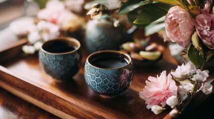 Two elegant ceramic teacups with black tea on a wooden tray, adorned with fresh pink peonies.