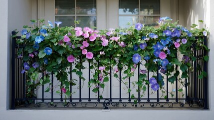 A beautiful window box overflowing with vibrant pink and blue morning glory flowers cascading over a black metal railing.