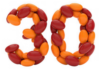 The number 30 formed from colorful, ovalshaped candies, isolated on transparent background