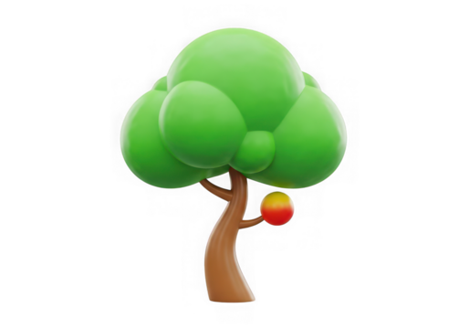A stylized 3d cartoon apple tree with one ripe apple hanging from a branch, isolated on transparent background - Powered by Adobe