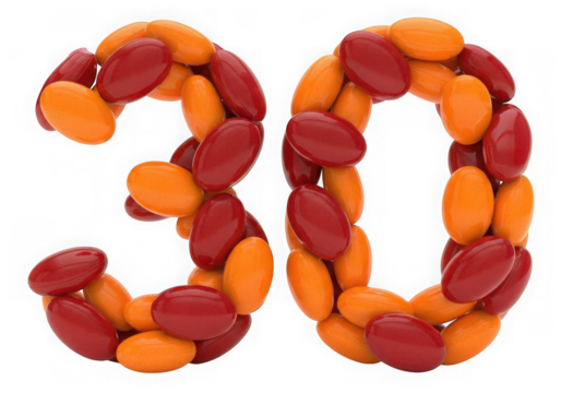 The number 30 formed from colorful, ovalshaped candies, isolated on transparent background - Powered by Adobe