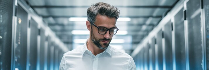 Professional Man Working in a Server Room Managing Technology Systems in a Modern Data Center During Daytime