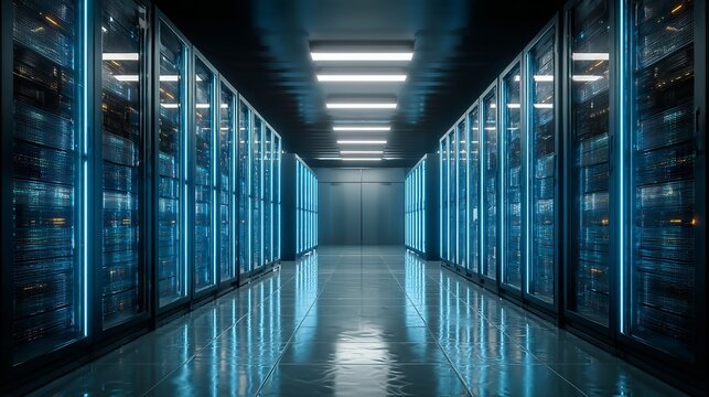 Futuristic data center aisle with glowing blue server racks, advanced technology infrastructure for digital information.
