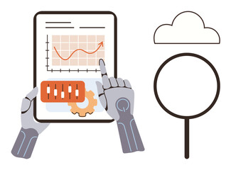 Robotic hands pointing to tablet with growth chart, gears, and sliders. Magnifier and cloud icons convey technology, AI, data analysis, cloud computing. Ideal for innovation, automation research