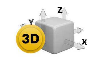 3d cube with xyz axis indicators and a yellow 3d icon isolated on transparent background
