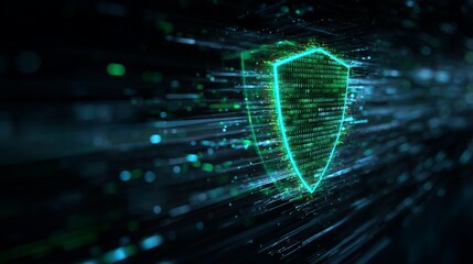 Dynamic digital shield glowing with binary code protects against cyber threats, representing secure data and advanced technology in a futuristic network.