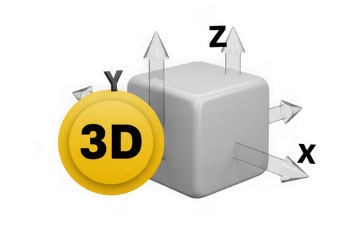 3d cube with xyz axis indicators and a yellow 3d icon isolated on transparent background