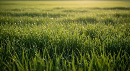 Obraz premium Lush green grass field bathed in golden sunlight