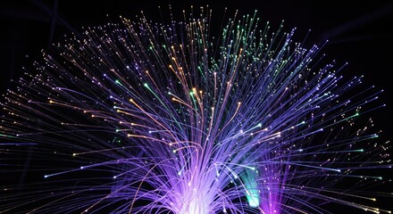 Obraz premium Multicolored fiber optic lights burst outward against a black background