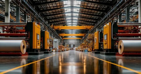 Overhead factory floor panorama showing mixed presses and finishing stations sweeping drone pullback natural skylight mix expansive and industrious