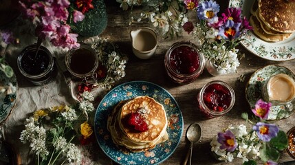 A rustic wooden table adorned with a vibrant floral arrangement, featuring stacks of fluffy pancakes topped with berries and various jars of fruit preserves, creating a delightful breakfast spread.