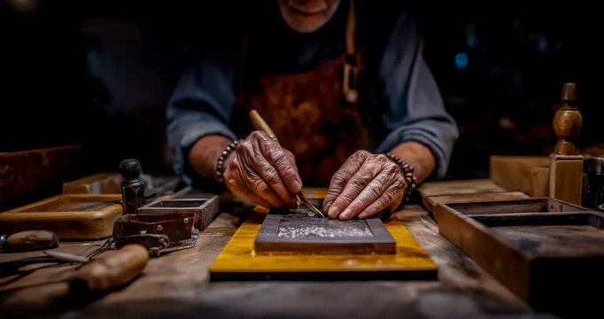 Embossing die leaving a raised pattern on heavy paper macro top-down tilt directional spotlight reverent and artisanal