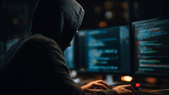 Mysterious hooded figure intensely coding on multiple monitors in a dark, modern environment, representing cybersecurity and digital threats.