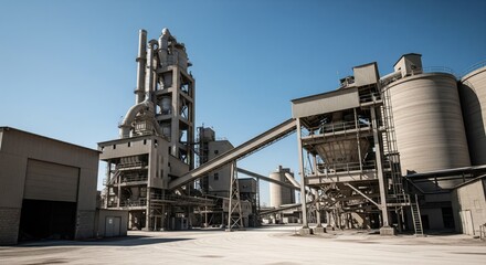 Wide shot of a cement plant.  Exterior industrial complex under bright sky.  Gray concrete structures, silos, and pipes.  Conveyor belt
