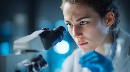 Dedicated scientist intently examines sample under microscope in modern laboratory research setting