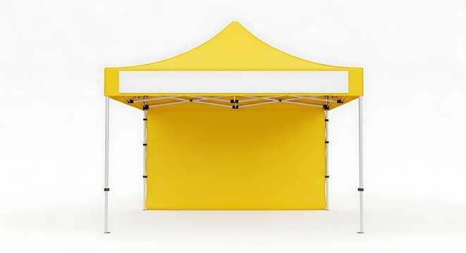 Isolated Yellow Pop-Up Canopy Tent with Blank White Banner for Branding Mockup.