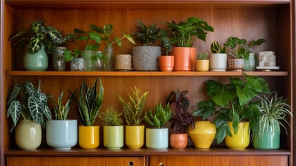 A collection of diverse houseplants in colorful ceramic pots arranged on wooden shelves.