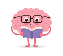 Fototapeta premium Cute brain character reading book wearing glasses