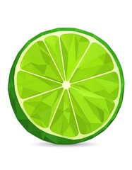A vibrant lime slice, artistically rendered in a polygon style, displays a bright green hue against a stark white background.