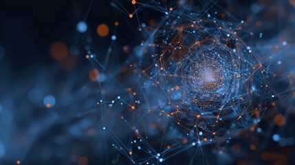 Dynamic network of glowing nodes and lines creates a futuristic abstract tunnel, symbolizing data flow and digital connections