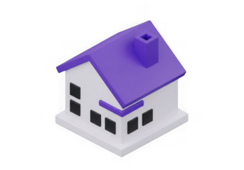 A 3d cartoon illustration of a small house with a purple roof and chimney, isolated on transparent background